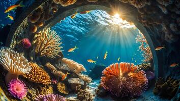 Underwater Coral Reef Habitat with Fish and Sunlight Streaming Through photo