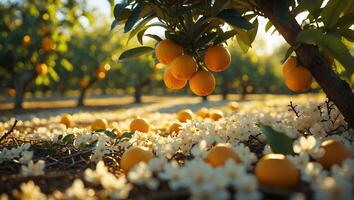 Harvesting Oranges in Orchard with White Blossoms on the Ground photo