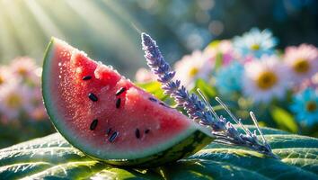 Watermelon Slice with Lavender Sprig Lying on Green Leaf photo