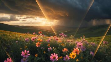 Flower Meadow at Sunset with Approaching Storm and Dramatic Sky photo
