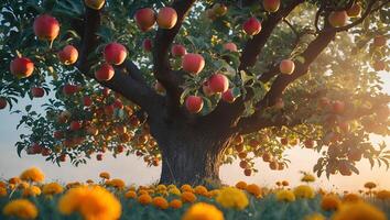 Abundant Apple Tree with Red Fruits in Field of Flowers photo