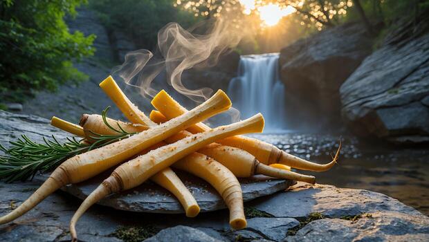 Roasted Parsnip with Rosemary on Stone Slab Near Waterfall photo
