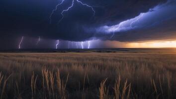 Striking Lightning Storm Over Field at Sunset Creating Dramatic Sky photo