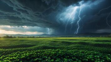 Dramatic Lightning Storm Over Green Field with Ominous Clouds photo