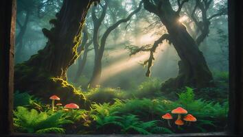 Sunlight Shining Through Forest Trees with Ferns and Toadstools photo