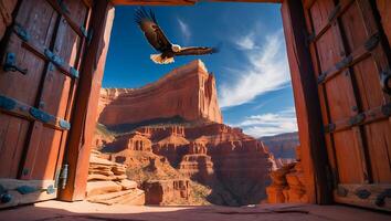 Eagle Soaring Over Canyon Seen Through an Open Wooden Door photo
