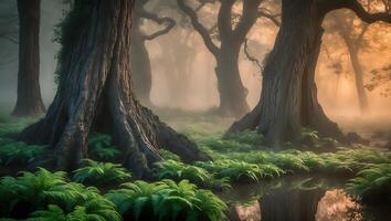Foggy Forest Scene with Large Trees and Green Ferns Landscape photo