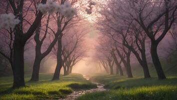 Walking Path Through Trees with Pink Blooms and Morning Light photo