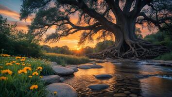 Majestic Tree Over River at Sunset with Flower Meadow Landscape photo
