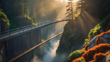 Walking Bridge Over Misty Canyon with Sun Rays Filtering Through Forest photo