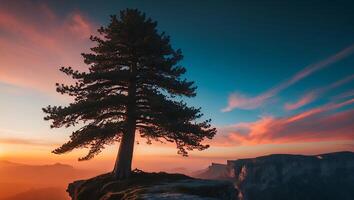 Standing Tree at Cliff Edge During Sunset with Colorful Sky photo