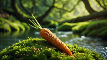 Carrot with Seeds on Mossy Rock Next to Forest Stream photo
