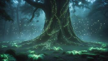 Enchanted Forest Tree with Glowing Vines and Floating Light Orbs photo