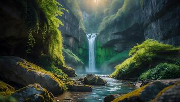 Waterfall Cascading Down Rocky Cliffside with Lush Green Vegetation photo