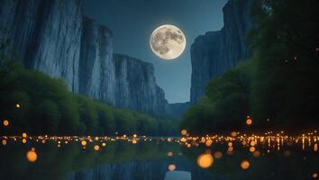 Reflections of a Full Moon Over Tranquil River in the Canyon photo