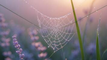 Spiderweb with Dew Drops in a Lavender Field at Sunrise photo