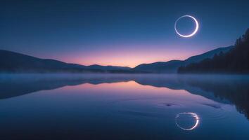 Lake at Night with Mist, Crescent Shape and Mountain Backdrop photo