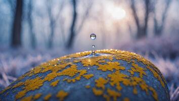 Water Drop Suspended Above Moss Covered Rock in Misty Woods photo