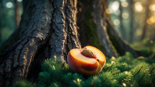 Sliced Peach Resting on Evergreen Needles Near Large Tree Trunk photo
