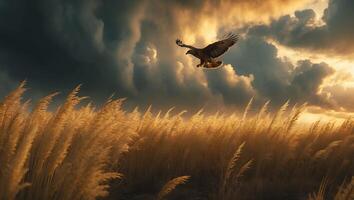 Hawk Flying Over Golden Grass Field at Sunset with Dramatic Sky photo