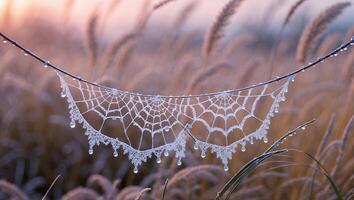 Icy Spiderweb with Water Droplets Hanging in Grassy Field photo