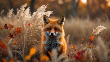 Red Fox in Grassy Field with Autumn Leaves and Soft Light photo