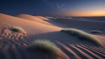 Desert Landscape with Sand Dunes, Grass and Stars at Nightfall photo