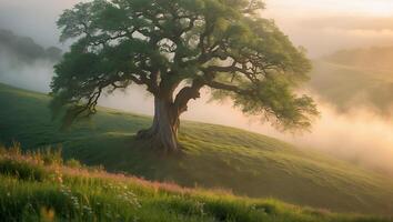 Standing Tree on Green Hill in Misty Landscape at Sunrise photo