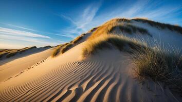 Sand Dune Landscape with Golden Light and Blue Sky Background photo