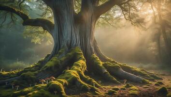 Giant Tree with Moss Covered Roots and Mushrooms in Forest photo