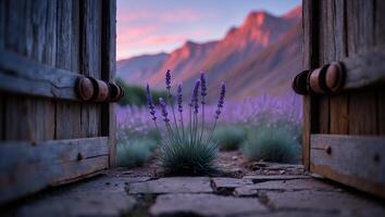 Lavender Field Seen Through Open Wooden Doorway with Mountain Backdrop photo