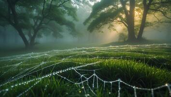 Spiderweb with Dew Drops on Grass in a Foggy Field photo