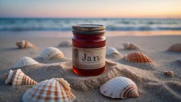 Jar of Preserves on Sandy Beach with Seashells at Sunset photo