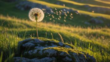 Dandelion Seeds Blowing in the Wind on a Mossy Rock in Field photo
