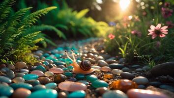 Snail Crawling on Colorful Stones in a Lush Garden Setting photo
