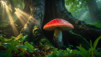 Mushroom Growing Near Tree Root with Light Rays in Forest photo