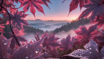 Viewing Mountain Sunrise Through Maple Leaves with Dewdrops and Fog photo