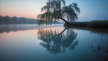 Willow Tree Reflecting in Calm Lake Water at Sunrise photo