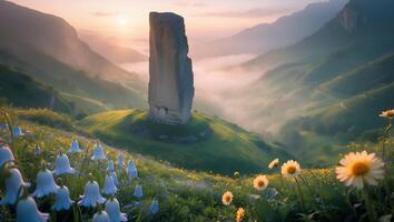 Majestic Stone Tower Overlooks Blooming Meadow in Misty Mountain Landscape photo
