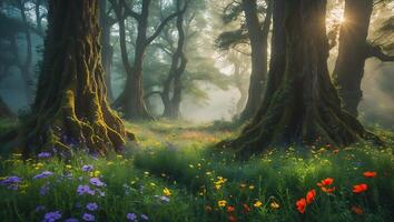 Walking Through a Dreamy Forest Glade with Wildflowers and Morning Light photo