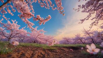 Blooming Cherry Blossom Trees Against a Clear Blue and Peach Sky photo