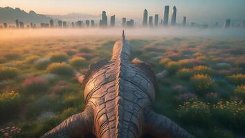 Giant Creature Resting in Flower Meadow Near Distant City Skyline photo