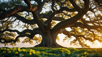 Majestic Old Oak Tree at Sunrise with Golden Light and Green Field photo