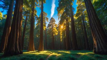 Walking Through Giant Forest Trees with Sun Shining Through Canopy photo