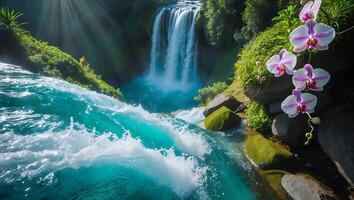 Cascading Waterfall and Lush Greenery with Exotic Flowers Near River photo
