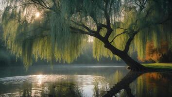 Willow Tree Reflections on Lake Water with Sun Glare and Mist photo