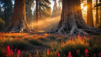 Giant Trees and Meadow at Sunrise with Light Rays Shining Through photo