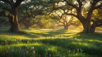 Sunlit Meadow with Ancient Trees and Wildflowers in a Serene Setting photo