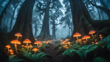 Glowing Mushrooms in Misty Forest Illuminate Woodland Trail at Dusk photo