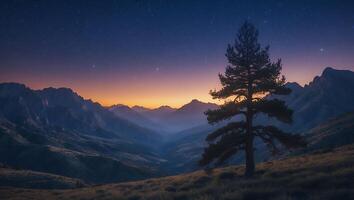 Majestic Pine Tree Silhouetted Against Starry Twilight Mountain Landscape photo